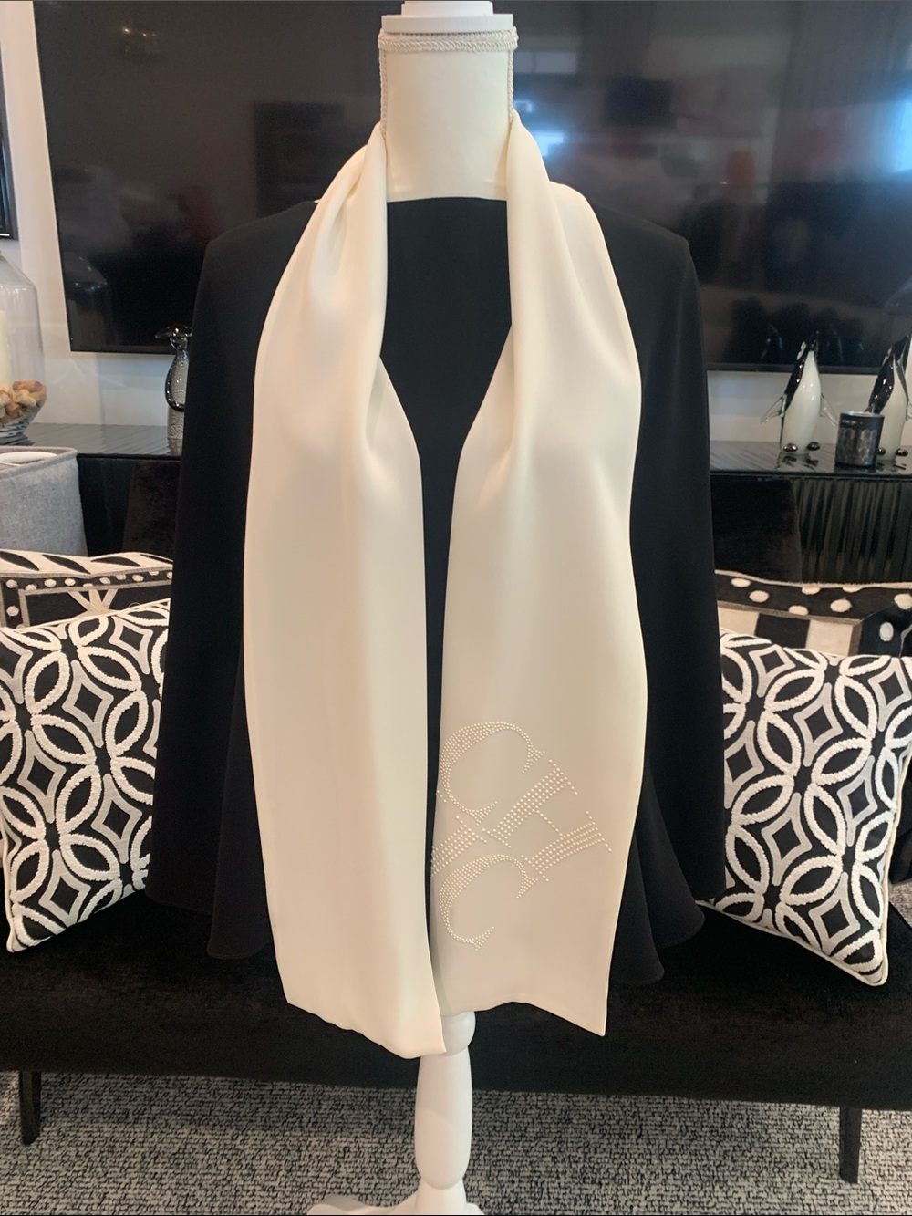 NWT. C Herrera Top. Cape Style Top. Barack with CH on silk scarf. Medium